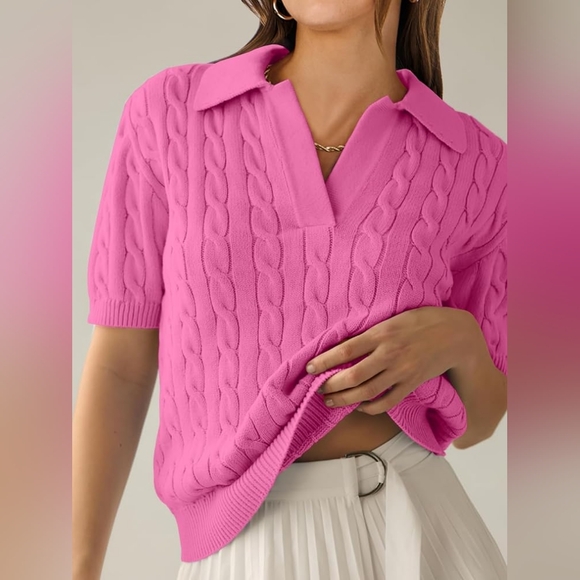 🌺Short Sleeve Polo V Neck Cable Knit Soft Pullover Sweater 🌺 - Picture 3 of 9